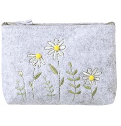Stay stylishly organized with this Floral Embroidery Grey Felt Pouch