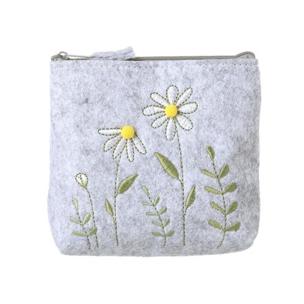 Floral Embroidery Grey Felt Pouch, 14cm 