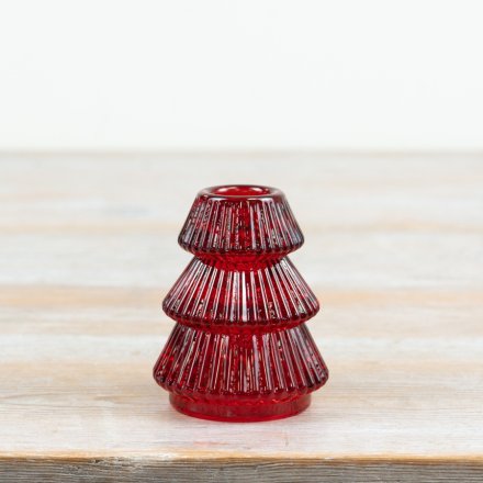 Enhance your décor with this striking red glass taper candle holder.