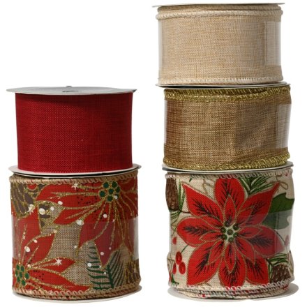 Brighten your holiday decor with five vibrant polyester poinsettia ribbons for a festive touch.