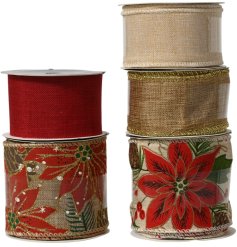 Brighten your holiday decor with a set of 5 vibrant polyester poinsettia ribbons for a festive touch!
