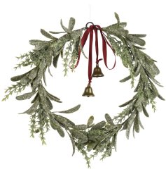 Bring holiday cheer with the Wreath Pe Snow Finish adorned with holly leaves.