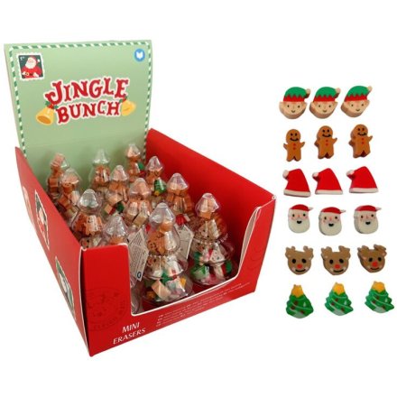 Encased inside a clear plastic tree holds an assortment of 6 festive jolly rubbers.