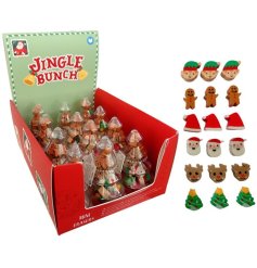 Encased inside a clear plastic tree holds an assortment of 6 festive jolly rubbers.
