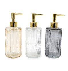 Stylish ribbed glass dispenser ideal for soap, lotion, or sanitizer—both elegant and functional.