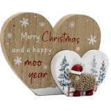 Adorable red and white wooden double heart featuring a Highland cow with festive charm