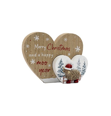 Adorable red and white wooden double heart featuring a Highland cow with festive charm