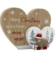 Festive red and white double heart ornament showcasing a charming Highland cow design