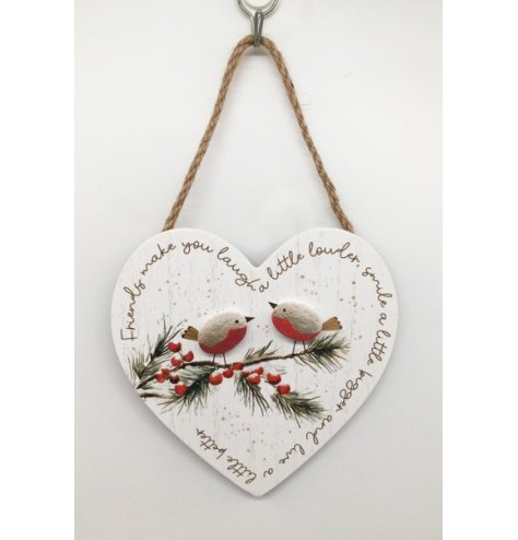 Delightful wooden heart plaque with two pebble Robins resting on a painted berry branch