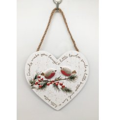 Delightful wooden heart plaque showcasing two pebble Robins on a painted berry branch