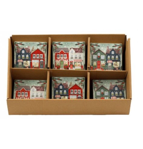 Keep surfaces safe with this festive 10x10cm Xmas Shops coaster, adding charm to your holiday decor.