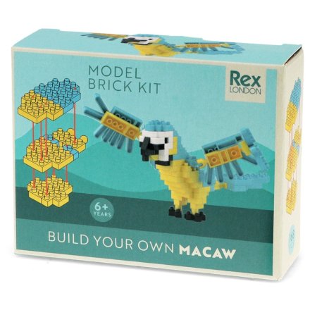 A bright and colourful brick kit from REX International with a finished design of the Macaw.