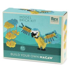 A bright and colourful brick kit from REX International with a finished design of the Macaw.