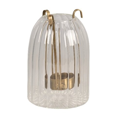 Sophisticated gold lantern featuring a sleek clear glass style.
