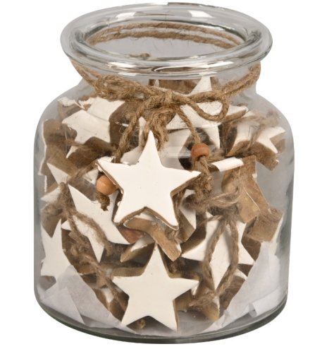 Enhance your holiday decor with this White Mango Wood Star showcased in a rustic glass jar