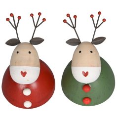 Delightful wooden deer ornament in red and green, featuring a charming heart accent.