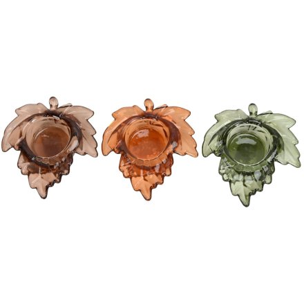 3/A Autumn Leaf Glass Tealight Holder, 10.5cm 