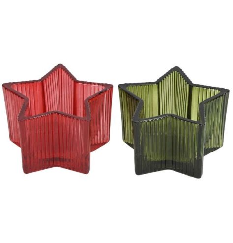 Add a warm glow to your space with this delightful star tealight holder in bright red and green