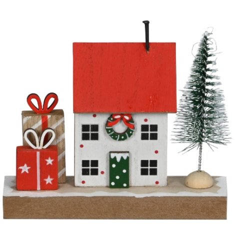 Charming mini house with leafy tree and bright presents, ideal for adding a cozy touch.