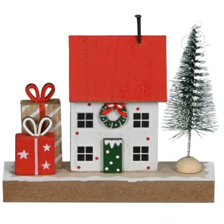 Wooden House with Tree and Gifts, 11cm