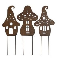 Delightful mushroom house stakes adding a sprinkle of woodland charm to your garden