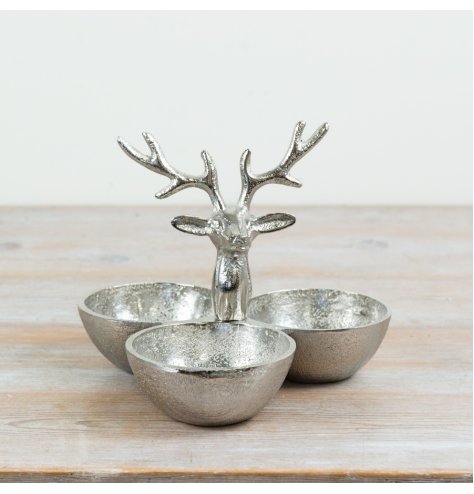 Enhance your table with this elegant stag triple bowl, perfect for seasonal decor and serving.