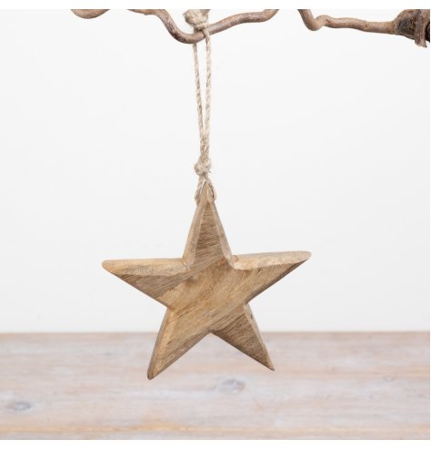 Bring rustic charm to any display year-round with this beautifully crafted wooden hanging star.
