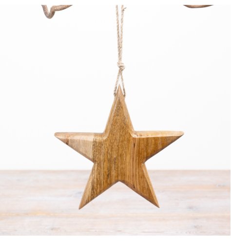 Rustic wooden star ornament with natural jute hanging twine.