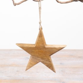 Wooden star ornament with a smooth finish, hanging on natural jute twine.