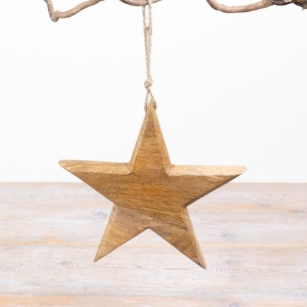 Festive Hanging Wooden Star Decoration, 22cm
