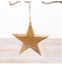 A simple wooden star with a soft smooth finish, hung from jute string.