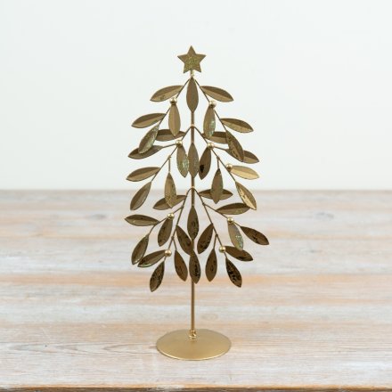 This tree has a stunning finish with a antique gold coating that reflects warm holiday lighting beautifully.