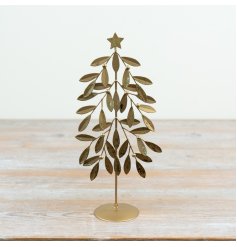 This tree has a stunning finish with a antique gold coating that reflects warm holiday lighting beautifully.