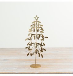 Elegant gold-toned metal tree sculpture featuring delicate leaves and star accents