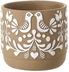 Enhance your space with this hand-painted pot featuring a charming Folk Art bird design.