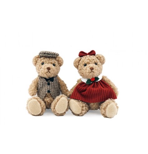 Adorable 10cm sitting bear in a bright red festive dress, paired with a checked waistcoat and matching hat.