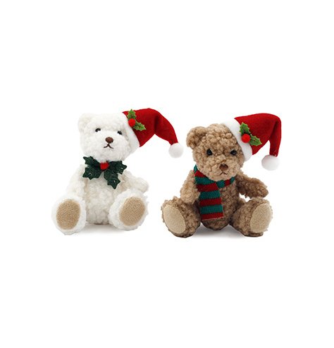 Endearing white bears dressed with holly sprigs and classic red and green Santa hats