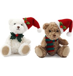 Charming white plush bear adorned with festive red and green holly and Santa hats