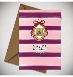 Luxurious card featuring purple and pink stripes, highlighted by a central birthday cake tile design.
