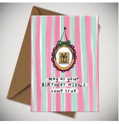 Birthday card with pastel stripes and a stylish hanging mirror frame design.