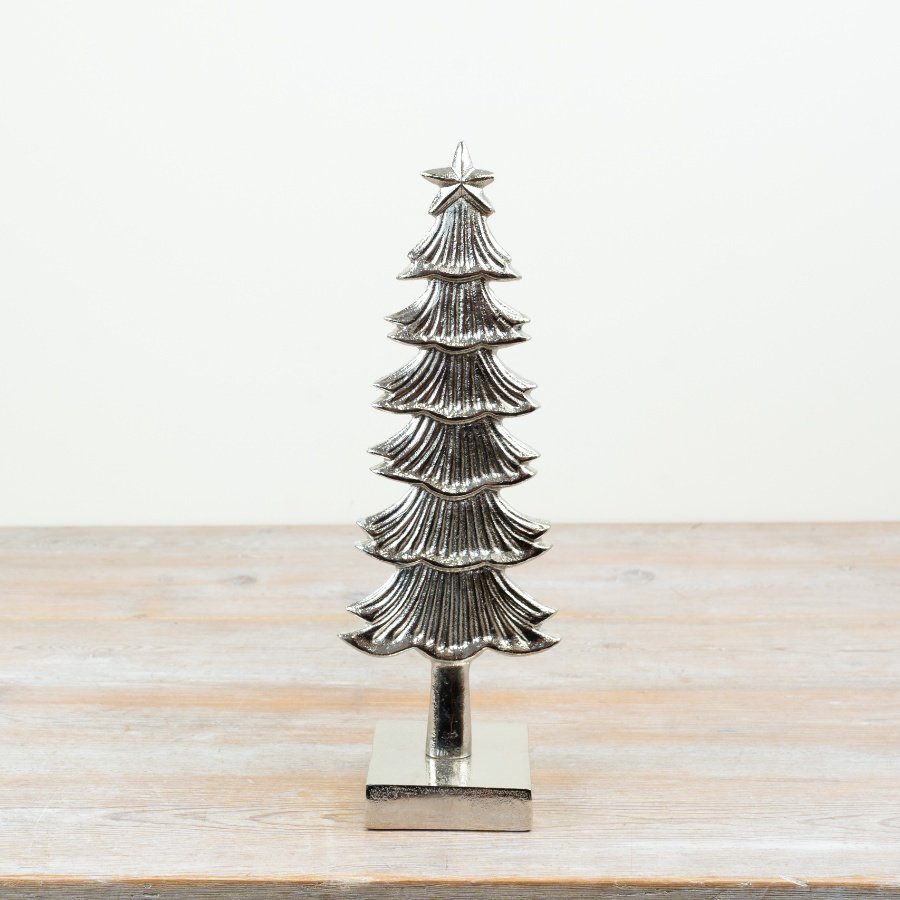 Elegant silver aluminium tree perched on a durable base with a charming star topper