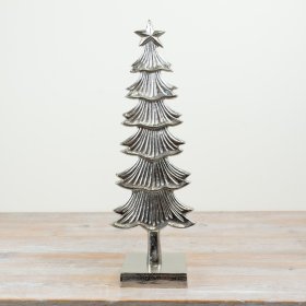 Elegant silver tree adorned with a star and intricate patterns.