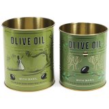 A set of two storage tins each with a retro Olive Oil design wrapped around the item. 