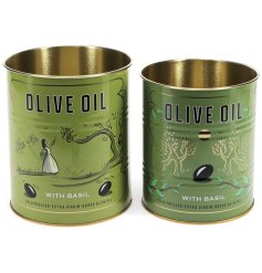 A set of two storage tins each with a retro Olive Oil design wrapped around the item. 