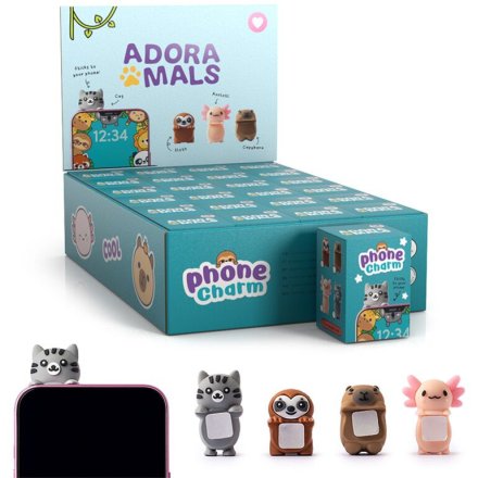 Add adorable charm to your phone with the Adoramals Axolotl, Sloth, Capybara & Cat 3D PVC Phone Charms