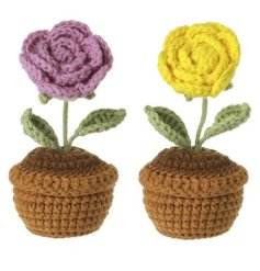 A charming mix of 2 crochet flowers sat in plant pots. 