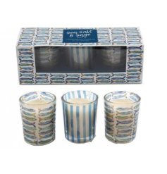 A charming trio of candle pots from the Sardines range beautifully encased in a matching display box.