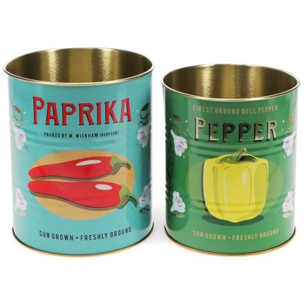 A charming duo of storage tins featuring vibrant, rustic patterns.