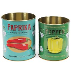 A charming duo of storage tins featuring vibrant, rustic patterns.
