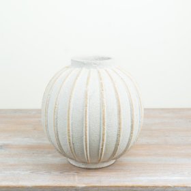 a delightful cream terracotta vase with a balloon shape and textured finish